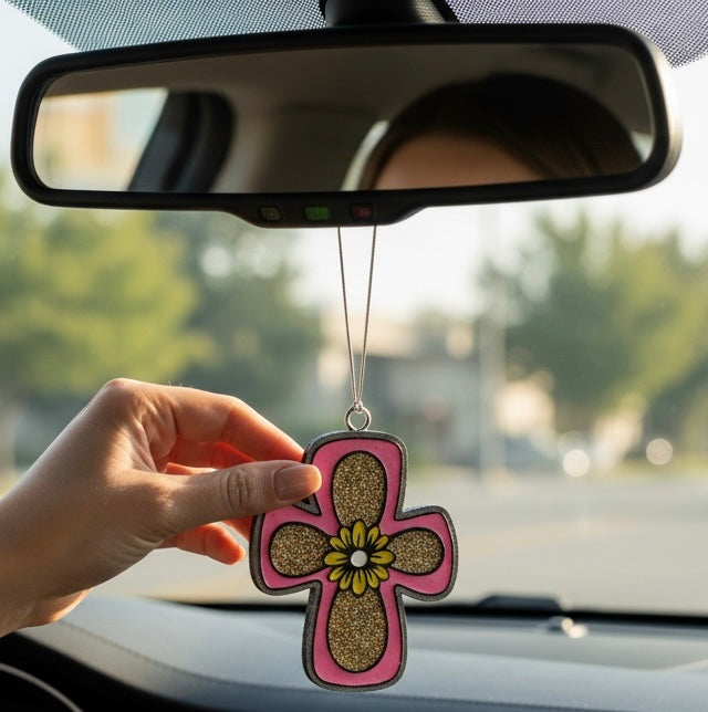 Floral Bubble Cross Car Freshie |Scent Champange Toast | Handmade Long-Lasting Auto Air Freshener