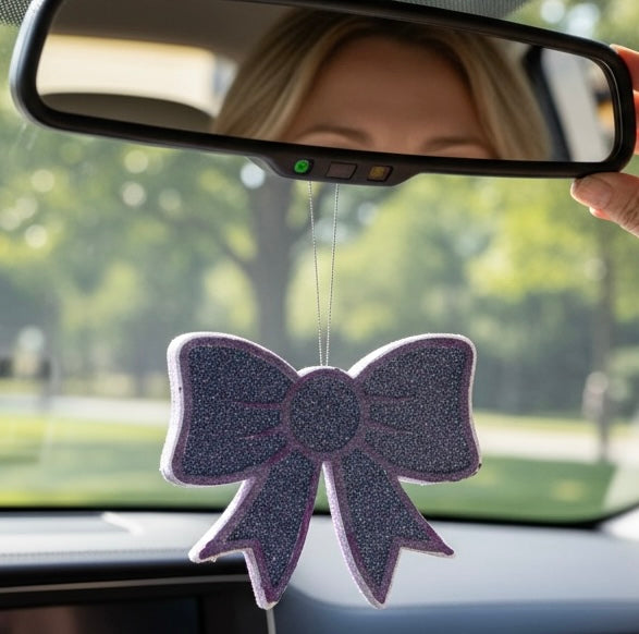 Purple glitter bow car freshie— ready to ship— scent strawberry leather